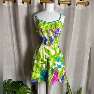 Vintage 1960s Hawaiian Floral Tropical Print Sundress with Smocked Back